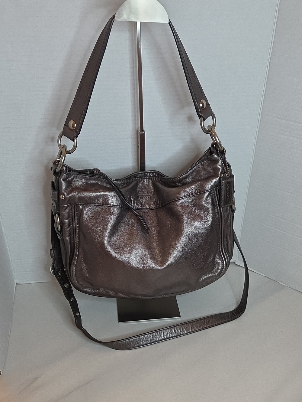 Coach Metallic Pewter Leather Shoulder Bag - Picture 1 of 11